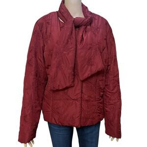 Coldwater Creek Quilted Puffer Jacket Size 16 Removable Scarf Red Embroidered